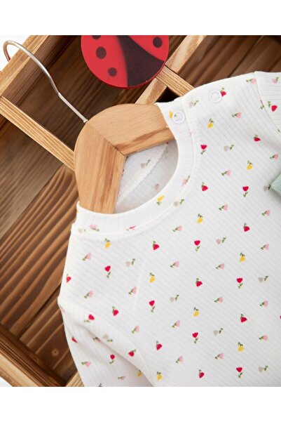 Ege Bebek Ribbed Cat Printed Baby Girl Jumpsuit - Gardener Salopet Newborn