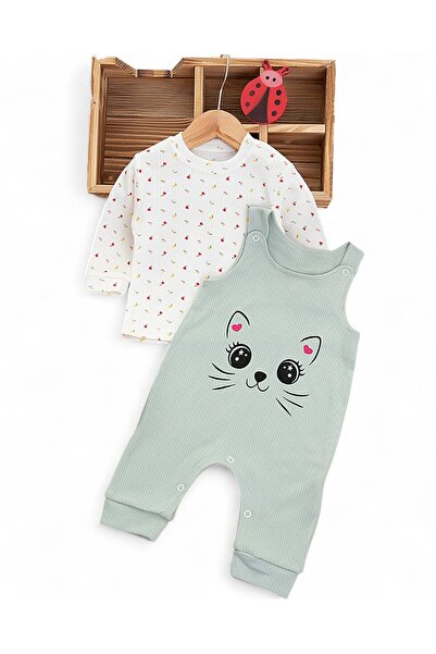 Ege Bebek Ribbed Cat Printed Baby Girl Jumpsuit - Gardener Salopet Newborn