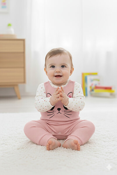 Ege Bebek Baby Girl Corded Cat Printed Gardener Salopet Jumpsuit Newborn 3-6-9 Months Seasonal Long Sleeve Jumpsuit