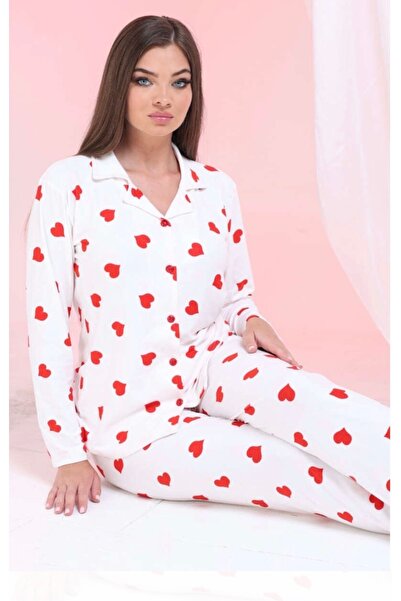 Hepyek Long Sleeve Front Button Suede Pajama Set
