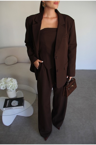 Julidress Coffee Jacket Crop and Palazzo Pants 3-Piece Premium Set