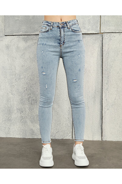 Tref Jns Lézeres szakadt hómosó kék magas derekú keskeny lábú felszedő Skinny Power Lycra farmer Pantalon