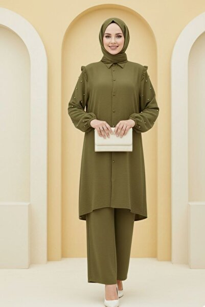 ALYA Mesh Suit Khaki Pearl Detailed Hijab Tunic Pants Suit Aerobin Fabric Stylish and Comfortable