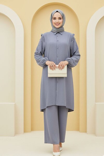 Mercan JALA TAKIM Gri İnci Detaylı Tesettür Tunik Pantolon Takım Aerobin Kuma...