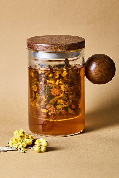 Perotti إبريق شاي زجاجي من البوروسيليكات سعة 500 مل مع مصفاة زجاجية وتفاصيل من خشب الأكاسيا