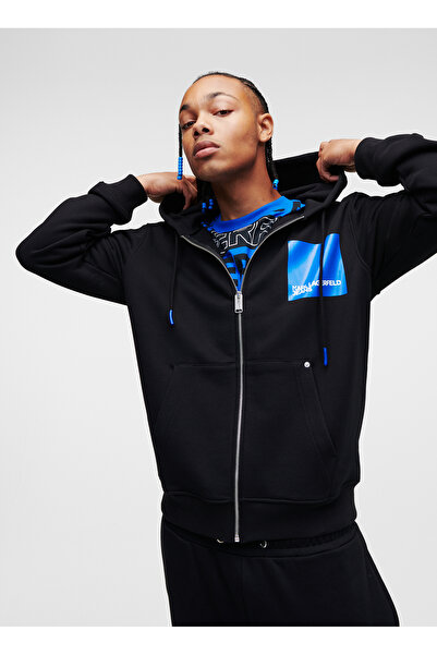 Karl Lagerfeld REGULAR ZIP UP HOODIE Kapüşon Yaka Siyah Erkek Sweatshırt 235D1803_KLJ