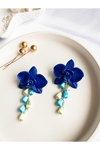 BeuBella Aksesuar Mavi Orkide Desenli El Yapımı Küpe – Hafif Tasarım – Çelik ...