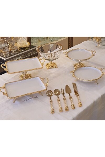 AlyaHomeAksesuar Gold Çerçeveli Salata Kaseli Porselen Sunum Seti