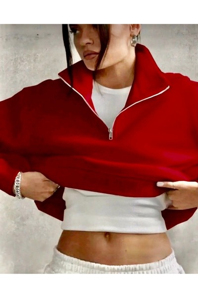DEZZİİ Red High Collar Half Zipper Plain Pullover Sweatshirt