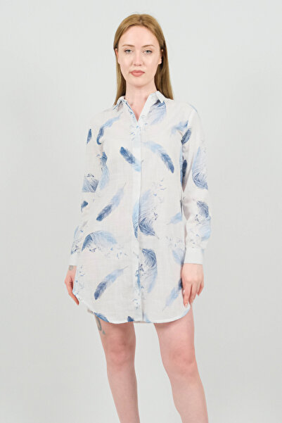 SİDE OTANTİK Feather Patterned Long Sleeve Linen White Shirt Tunic