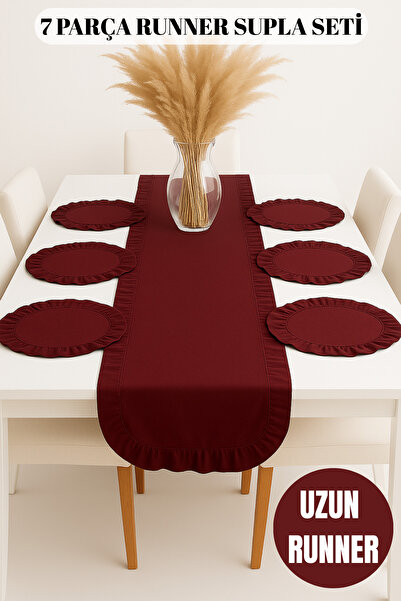 Morlay 7 Parça Fırfırlı Sofra Sunum Seti 6 Adet Amerikan Servisi Supla + 1 Adet Fırfırlı Runner - 40x150 cm