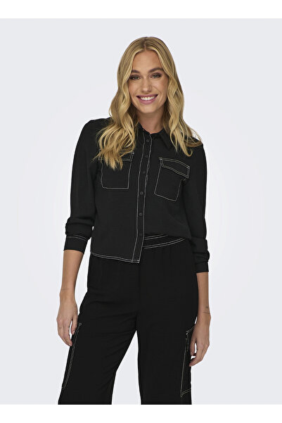 ONLY Normal Gömlek Yaka Düz Siyah Kadın Gömlek ONLMETTE SHORT CONTRAST LS SHI...