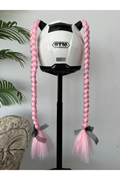 Butik Motor & Motosiklet Pembe Simli Çift Örgü Saç Kask Dış Aksesuarı