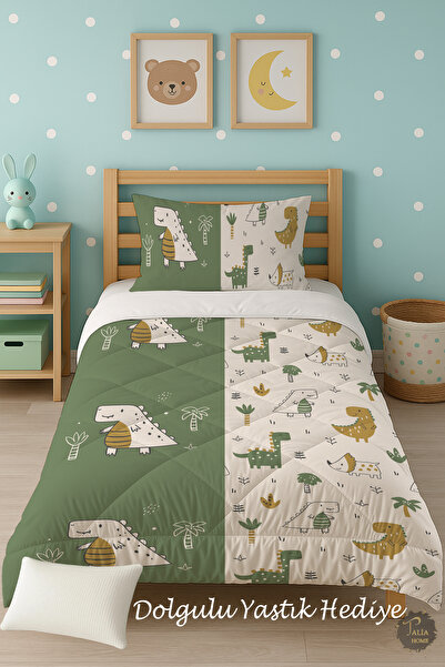 Talia Home Cute Dinosaur Patterned Single Children's Quilt Sleeping Set