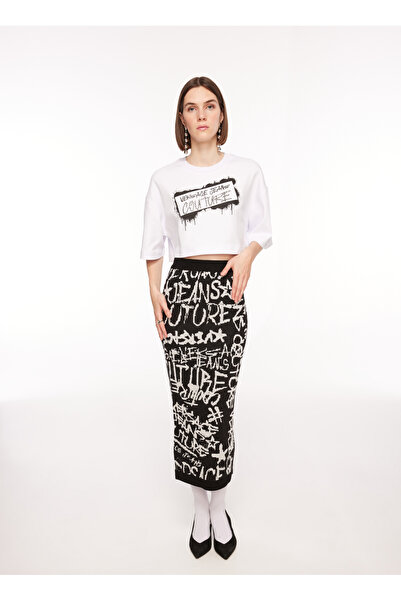 VERSACE JEANS COUTURE Yüksek Bel Siyah - Beyaz Kadın Desenli Midi Etek 75HAEM26