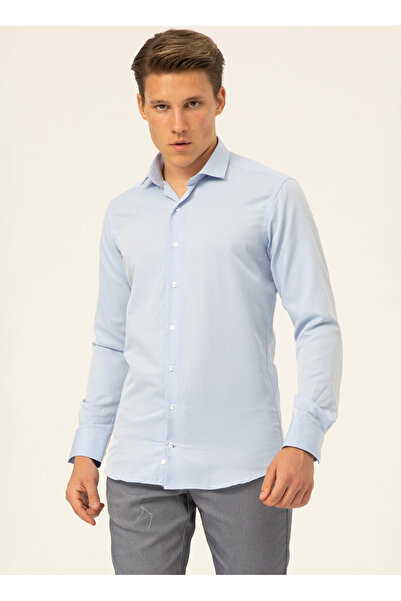 SÜVARİ Süvari Slim Fit Klasik Yaka Armürlü Mavi Erkek Gömlek GM2024700424