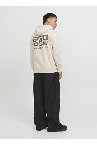 Jack & Jones Kapüşon Yaka Krem Erkek Sweatshırt 12242225_JCOWAFFLE BACKPRINT ...