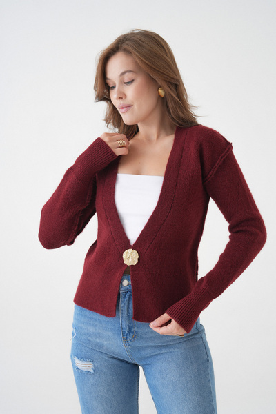 WOMAN VISION Cardigan tricotat vișiniu, cu decolteu în V, mânecă lungă, cusut invers, fir în relief, detaliu cu un singur nasture, 3481