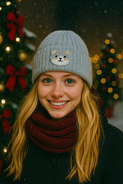 byebruketenci Cat Punch Detailed Gray Beret Christmas Gift