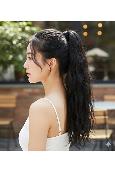 Mina Peruk Siyah Su Dalgalı At Kuyruğu – Tokalı, Lastikli, Sentetik