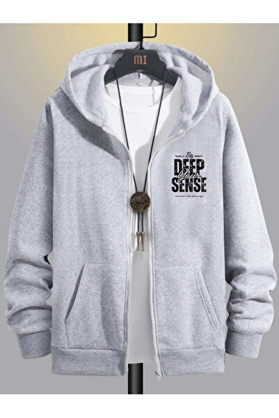 Deep sense Hanorac cu fermoar pentru bărbați, gri, de iarnă, cu glugă, căptuș...