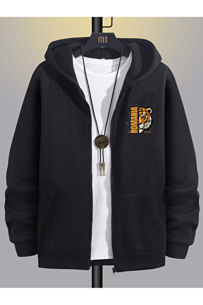 Deep sense Hanorac de iarnă negru pentru bărbați, cu glugă și fermoar, cu int...