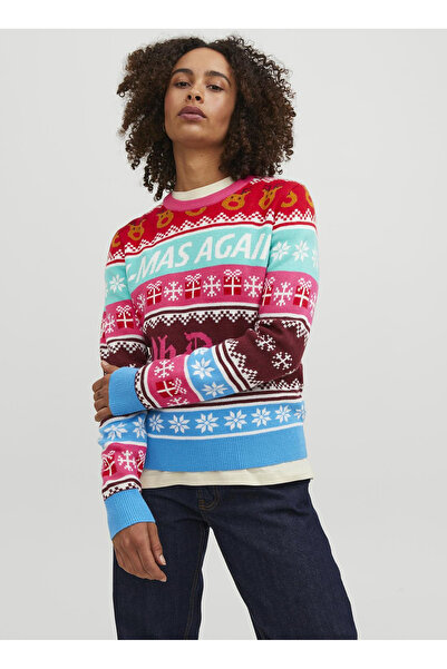 JJXX Bisiklet Yaka Normal Desenli Mavi Kazak Kadın JXMAS CREW NECK KNIT