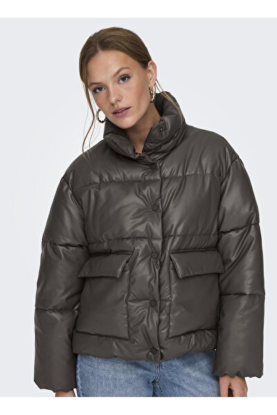ONLY Gümüş Kadın Dik Yaka Mont 15307039 ONLANJA FAUX LEATHER OVERSIZE PUFFE