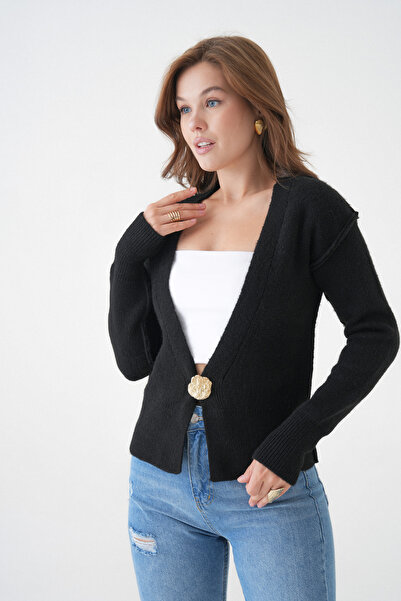 bayansepeti Black Shardon Yarn Gold Button and Reverse Stitch Design Shardon Black Cardigan 3481