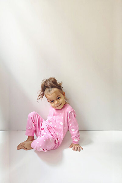 İnci Nanabel kız çocuk pembe ay bulut yıldız desenli çıtçıt kapamalı pijama takımı