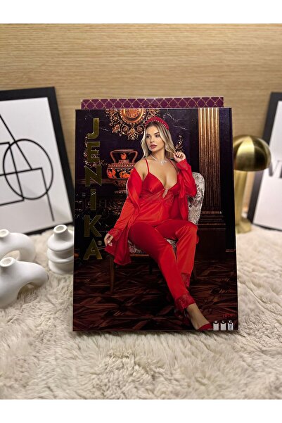 MODANTA Kadın Saten 3'lü Sabahlık Pijama Takım