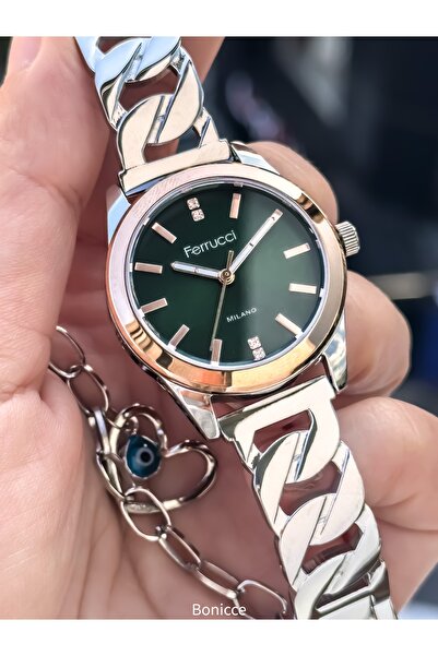 Ferrucci Çelik Kordon Gümüş Yeşil Renk, Kadın Kol Saati Bileklik Hediyeli