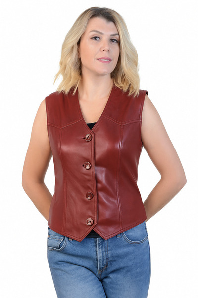 AsyaClub Derije Darla Hakiki Deri Kadın Kırmızı Yelek