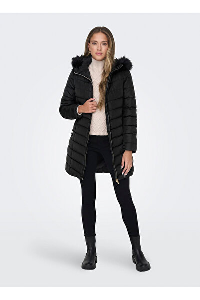 ONLY Siyah Kadın Kaban ONLELLAN QUILTED HOOD FUR COAT CC O