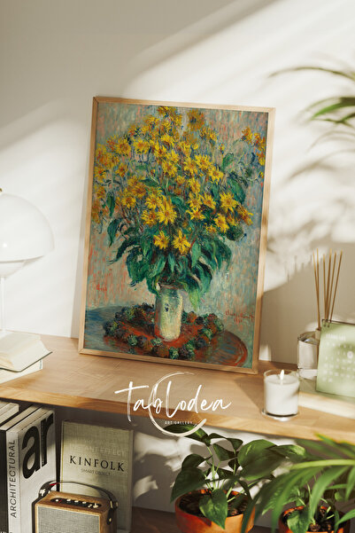 tablodea Claude Monet, Jerusalem Artichoke Flowers, Ahşap Çerçeveli Tablo, Çiçekli Vintage Poster Tablo