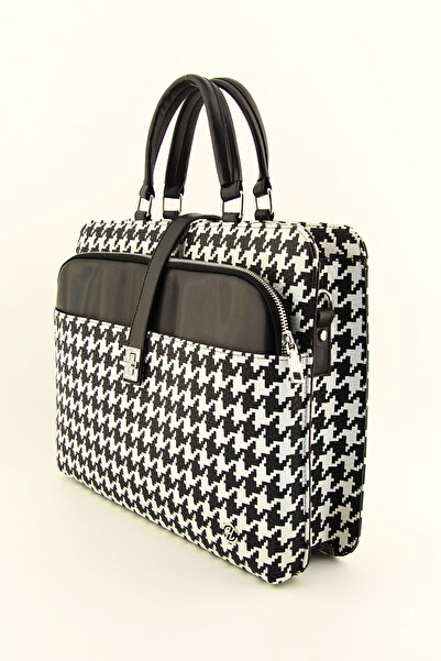 QUB CLUB Дамска черно-бяла чанта за лаптоп с дизайн „кучешки зъб“ за лаптопи с размер 15 и 15,6 инча