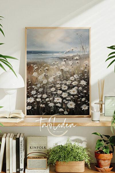 tablodea Vintage Papatyalar Çerçeveli Poster Tablo, Modern Dekoratif Minimali...