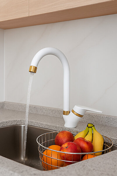 Saymir Beyaz Gold Mix Delta Borulu Mutfak Eviye Bataryası Sıcak Soğuk Girişli...