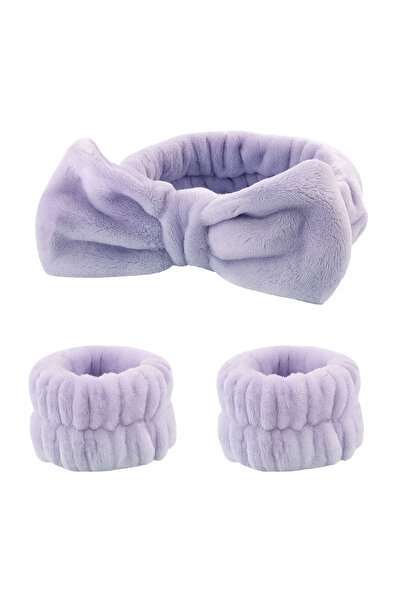 Butik 1 Adet Peluş Saç Bandı ve 2 Adet Bileklik Seti - Mor