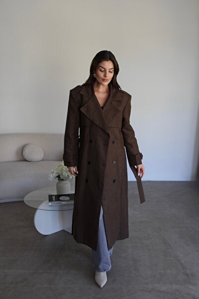 Julidress Brown Double Breasted Collar Lined Belted Long Premium Suede Trench Coat