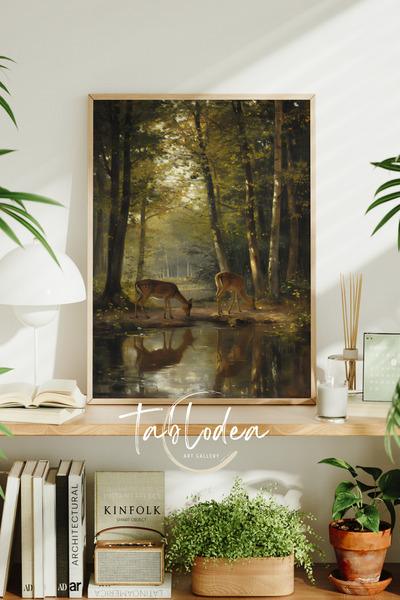 tablodea Vintage Doğa Manzarası Çerçeveli Poster Tablo, Vintage Geyik Temalı Dekoratif Modern Duvar Tablosu