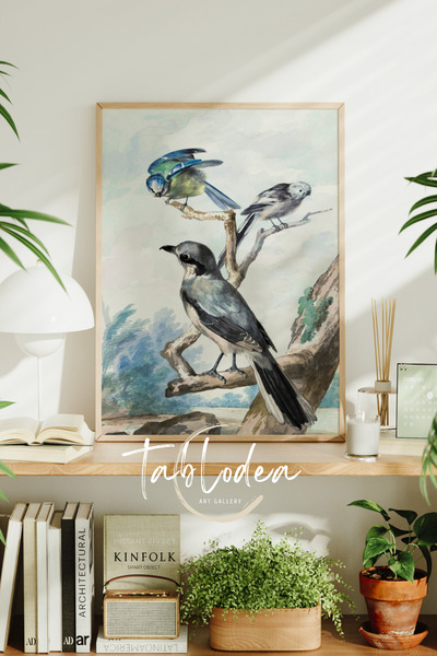 tablodea Pictură pe pânză înrămată cu tematică de păsări, stil vintage, cu il...