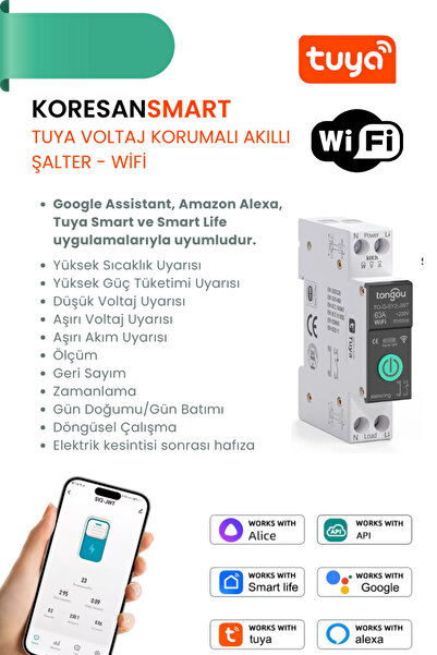 koresan Tuya Voltaj Korumalı 63A Akıllı Şalter akıllı sigorta – Wifi