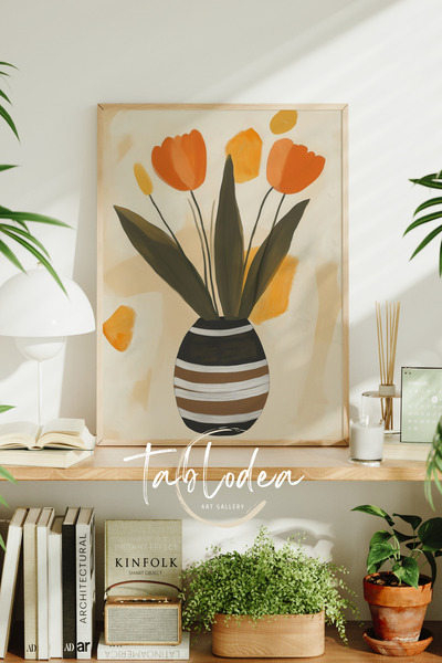 tablodea Bohem Vazoda Çiçek Temalı Çerçeveli Poster Tablo, Soft Minimalist De...