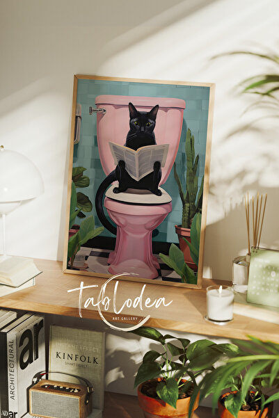 tablodea Retro Kedili Çerçeveli Poster Tablo, Kedi Tuvaleti Çerçeveli Poster, Retro Tablo, Kedili Tablo