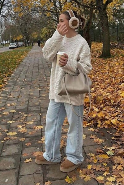 ELBA STİL Ecru Crew Neck Knitted Knitwear Sweater