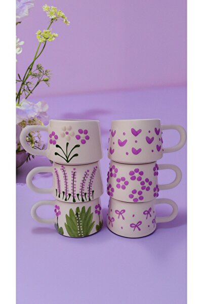 touchmughm Lila, Purple Set of 6 Special Embossed Hand-Painted Ceramic Mug, Double, Coffee Cup, Mug