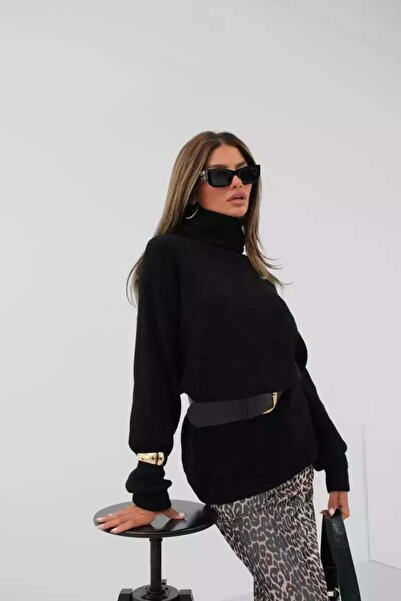 FASHION Evan High Quality Tricotaj cu gât țesut pentru femei Tunica neagră