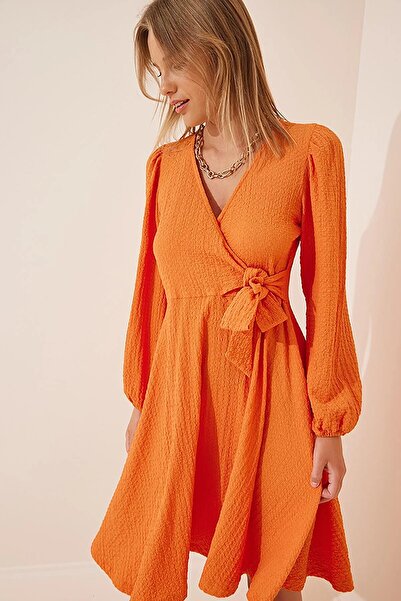 Pafi Moda Meyen Yüksek Kalite Kurdele Bağlı Kadın Anvelop Elbise Turuncu