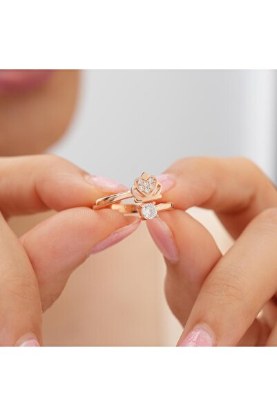 Siset Gümüş 925 Ayar Rose Gold Kaplama Kraliçe Tacı Tek Taşlı Kadın Gümüş Yüzük